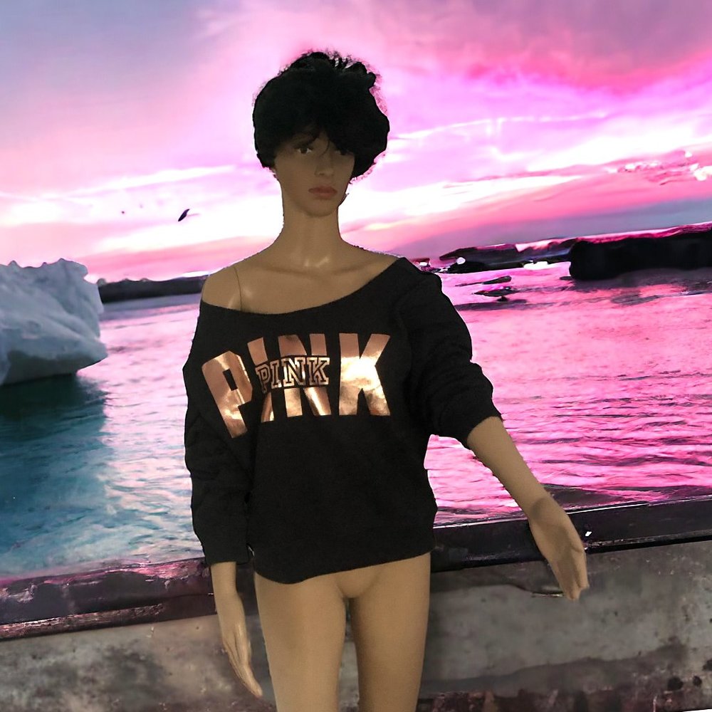 PINK Victoria Secret Gold Foil Cropped Off The Shoulder Sweatshirt Size L NEW